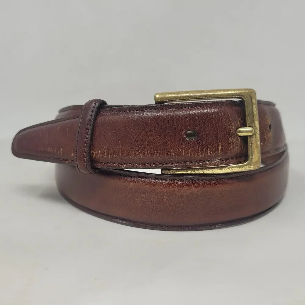 Torino Belt 38 Brown Leather Glazed Aniline Kipskin Shoulder Brass Buckle USA